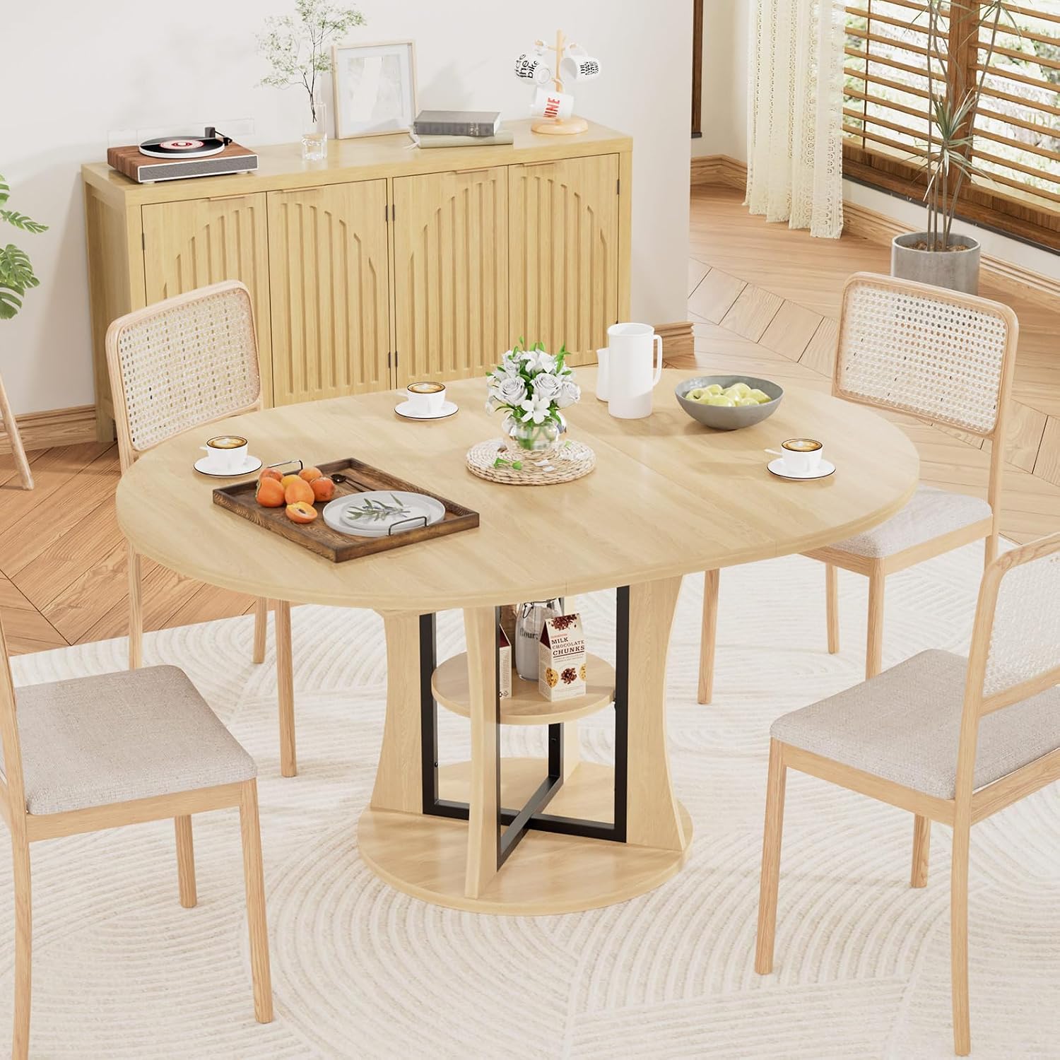 AwayHome 43.3''-59'' Extendable Round Dining Table for 4-8, Modern Kitchen Expandable Dining Table with Storage, Space Saving Circle Oval Kitchen Table with Leaf for Dining Room Living Room