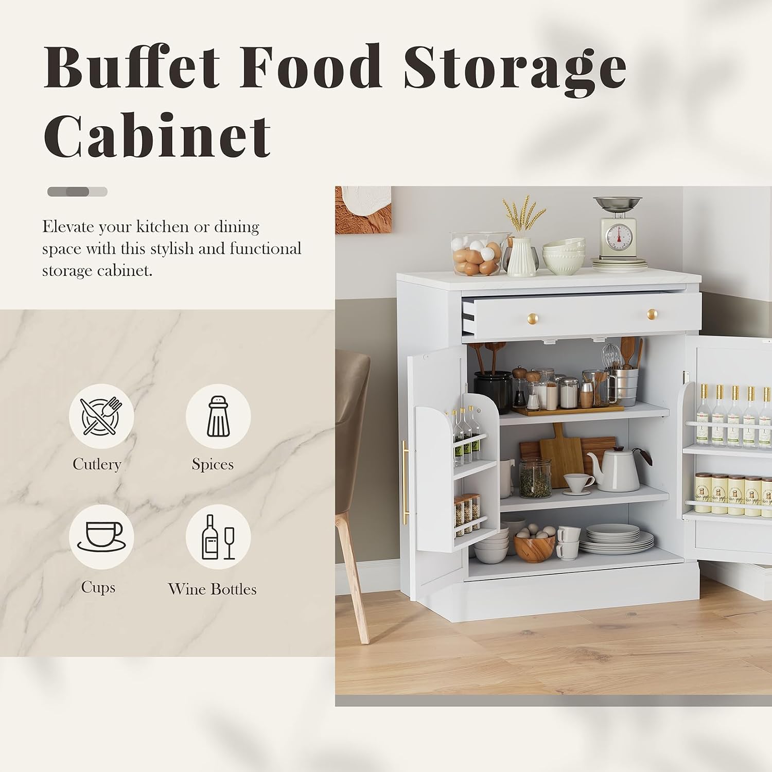 Small Pantry Cabinet with Drawer, Kitchen Storage Cabinet with 2 Adjustable Shelves and 2 Door Shelves, Farmhouse Kitchen Hutch Cabinet Buffet Sideboard Food Storage, White Set of 2