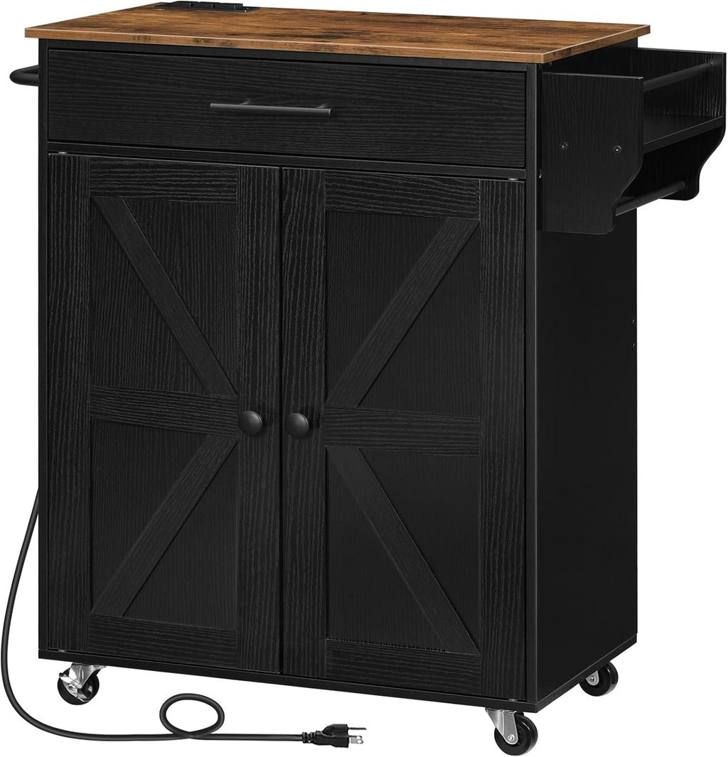 HOOBRO Kitchen Island with Power Outlet, Rolling Kitchen Island with Large Worktop, Kitchen Island Cart with Spice Rack and Drawer, Island Table for Dining Room, Rustic Brown and Black BF88UZD01