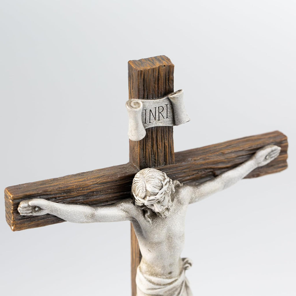 DevotedWalls Standing Crucifix Wall Cross, Catholic 12" H Crucifixion of Jesus Christ Scene Statue with Virgin Mary,Tabletop Cross for Easter(Stone Color)