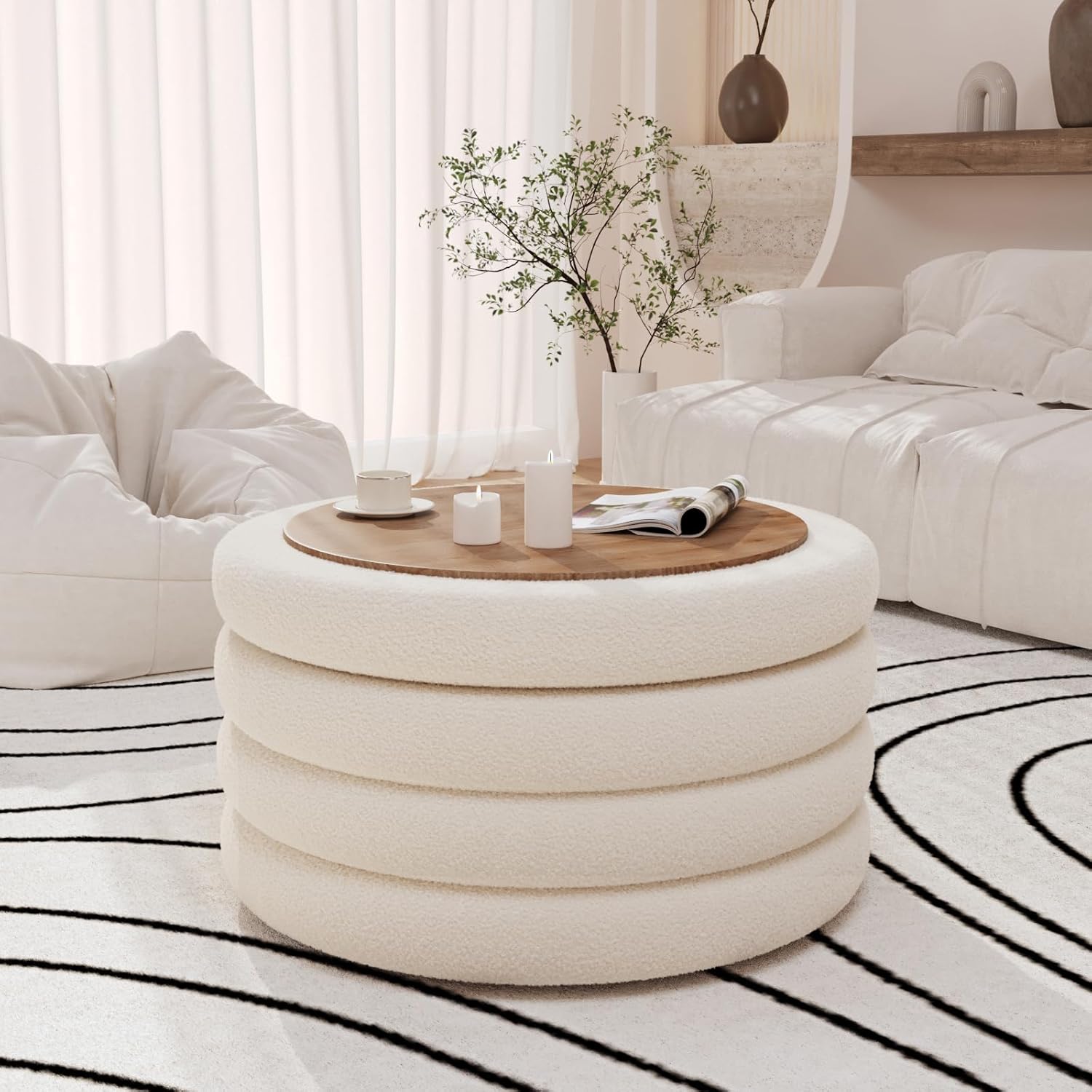 FiveWillowise 30 Inch Round Ottoman with Storage,Large Sherpa Storage Coffee Table Ottoman with Tray, Multi-Functional Cozy Modern Foot Rest for Couch, Living Room, Bedroom,Cream White