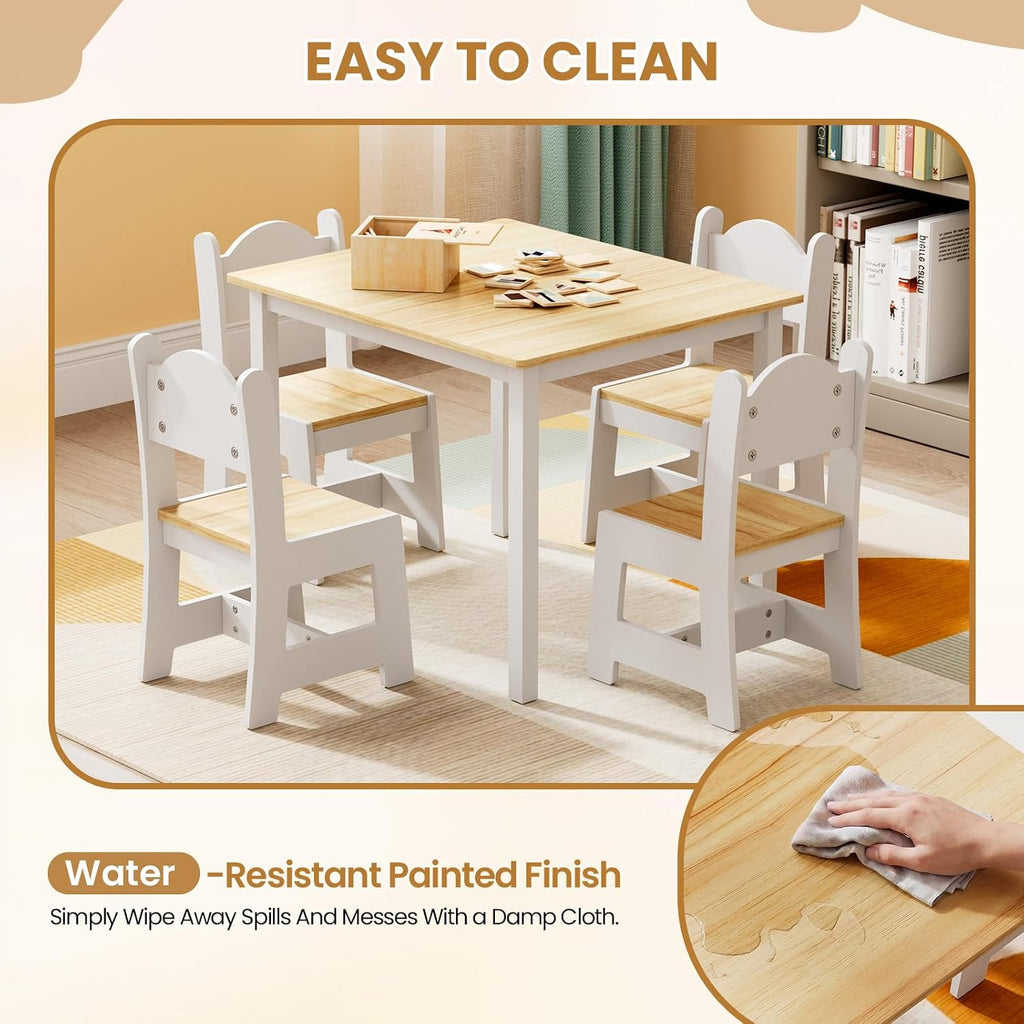 JOYMOR Kids Table and 4 Chairs, Toddler Table and Chair Set, Wooden Activity Table for Children with Chairs, Perfect for Arts, Crafts and Nursery Use, Natural & White