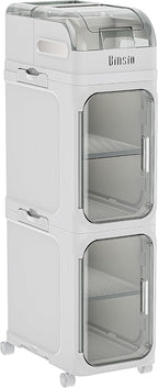 BINSIO 3-Tiers Toilet Paper Storage, Slim Bathroom Organizers and Storage, Bathroom Counter Organizer, Foldable Organizer Storage Cabinet, Portable Laundry Room Organization, Plastic White Clear Doors