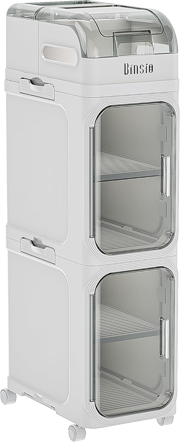 BINSIO 3-Tiers Toilet Paper Storage, Slim Bathroom Organizers and Storage, Bathroom Counter Organizer, Foldable Organizer Storage Cabinet, Portable Laundry Room Organization, Plastic White Clear Doors