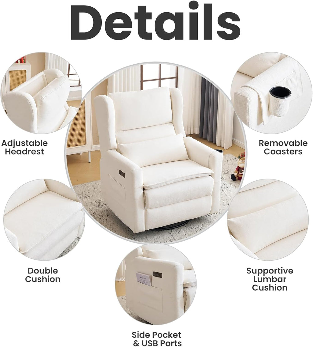 Oversized Swivel Rocker Recliner with Lumbar Cushion, Power Recliner Nursery Chair with Adjustable Headrest, Nursery Glider Recliner for Living Room, White