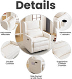Oversized Swivel Rocker Recliner with Lumbar Cushion, Power Recliner Nursery Chair with Adjustable Headrest, Nursery Glider Recliner for Living Room, White