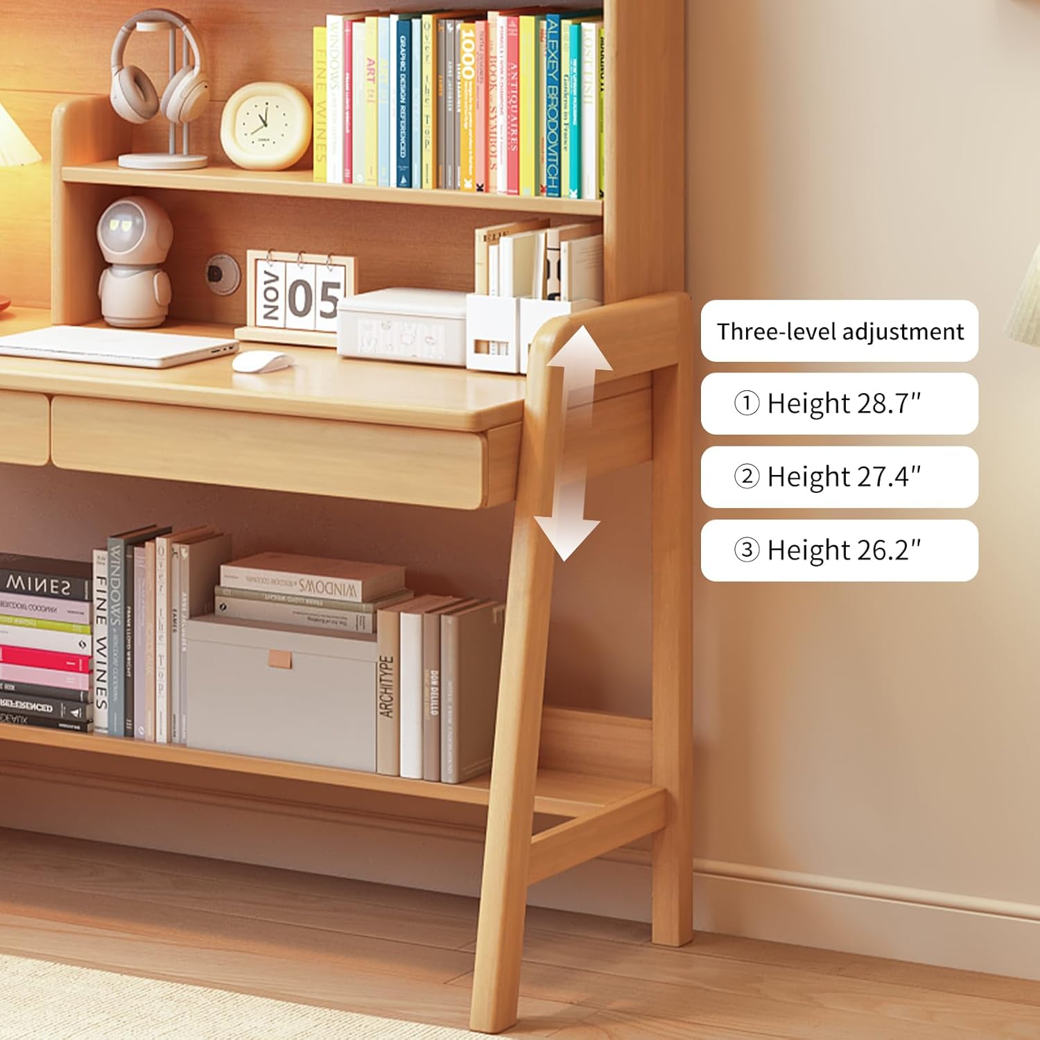 Kids Desk Wooden Childrens Study Desk with Bookshelf＆Two Drawers, Adjustable Kids Desk for Study＆Writing＆Computer＆Workstation, Nature