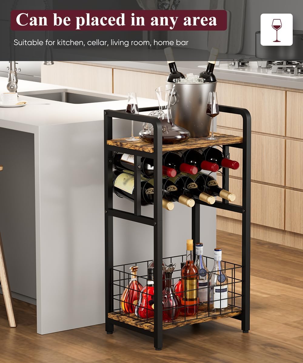 3-Tier Wine Rack Freestanding Floor with Wood Top, Liquor Stand with Wine Bottle Holder, Corner Wine Bar Table for Small Space, Metal Whiskey Shlef for Kitchen, Cellar, Living Room, Black