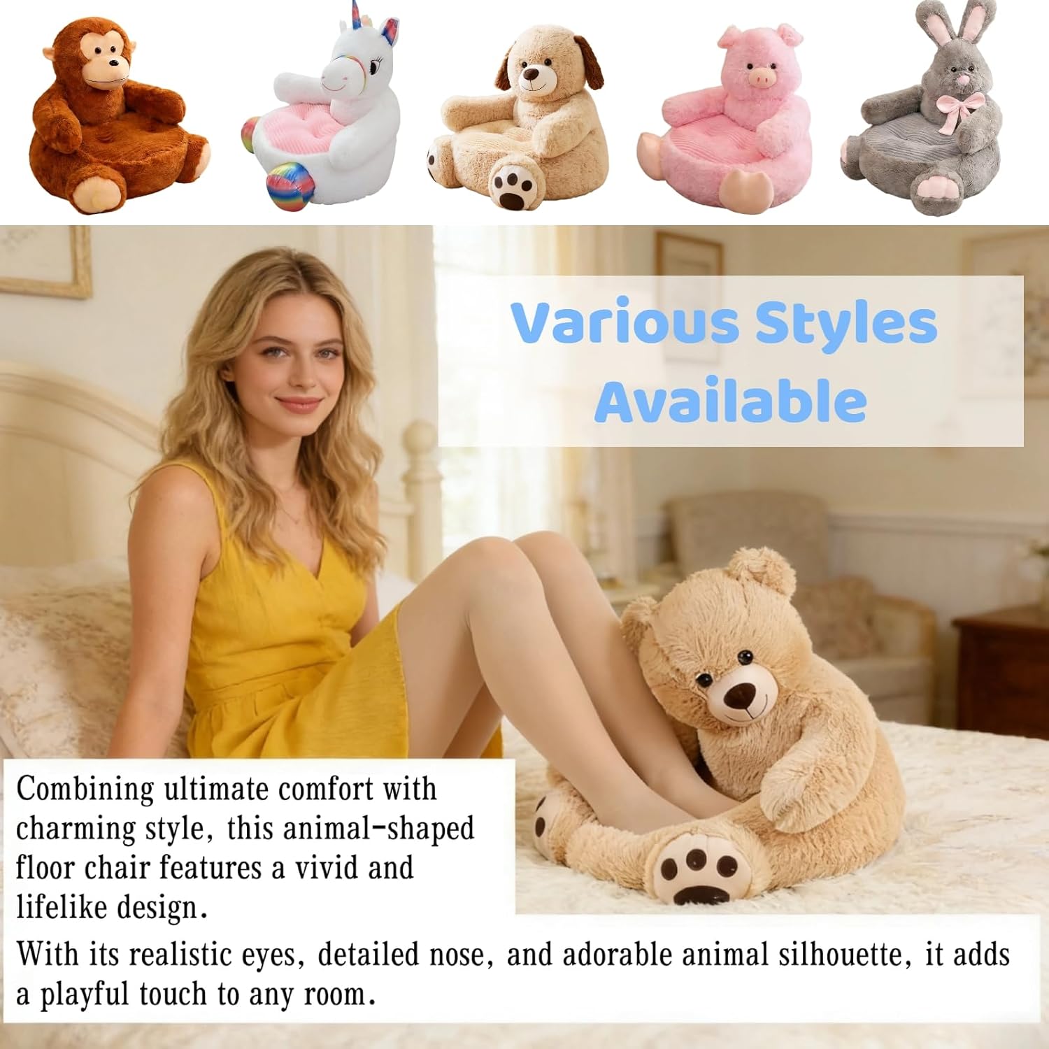 Plush Bean Bag Chair Comfy Reading Small Couch Cozy Floor Chairs Bedroom Chairs Cute Cartoon Mini Armrest Sofa Seat Animal Shaped Cushion Room Decoration 50cm / 45cm / 50cm (Dark Brown)