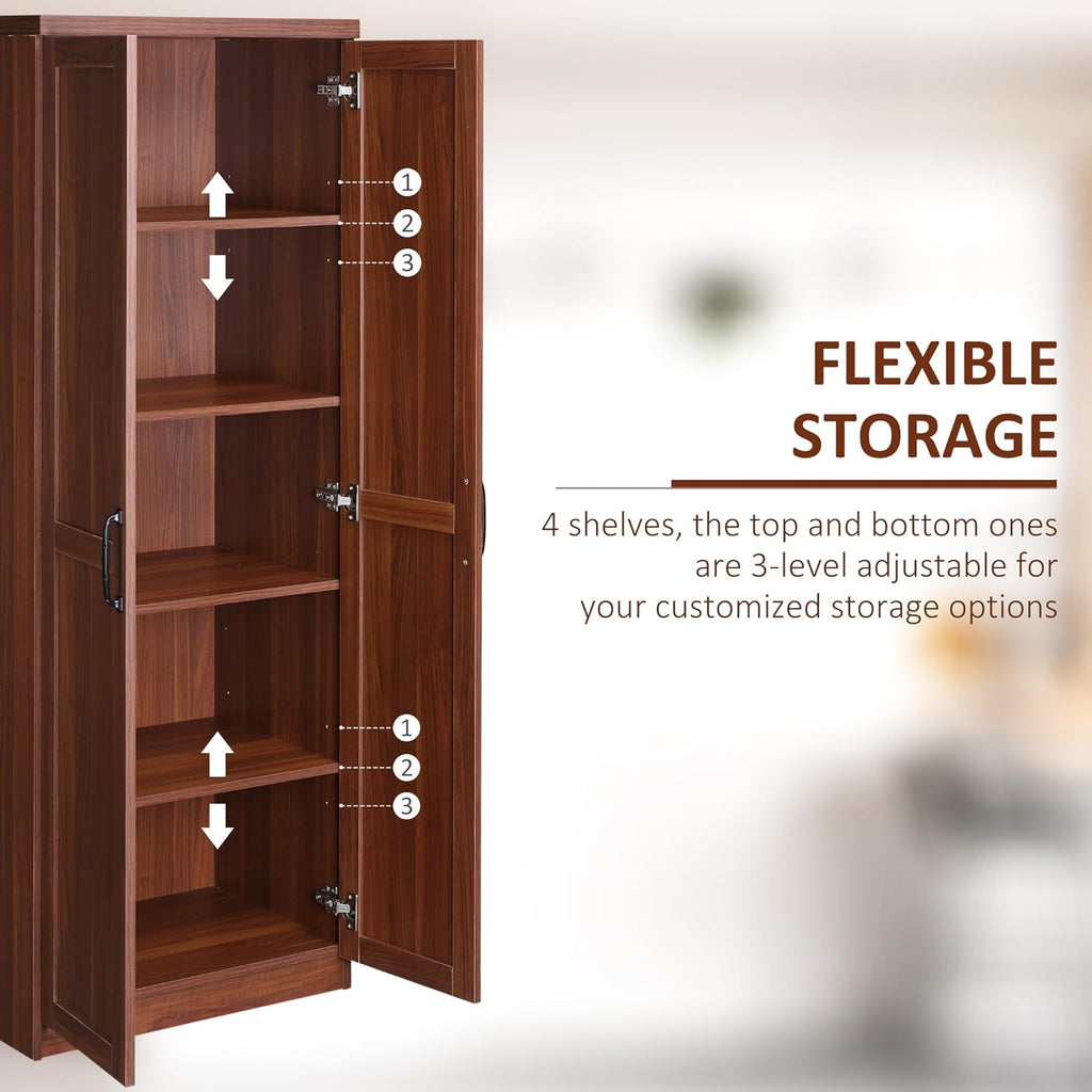63" 2-Door Kitchen Pantry, Freestanding Storage Cabinet with 5-Tier Shelving and 2 Adjustable Shelves for Dining Room, Brown,15.8 * 23.5 * 63