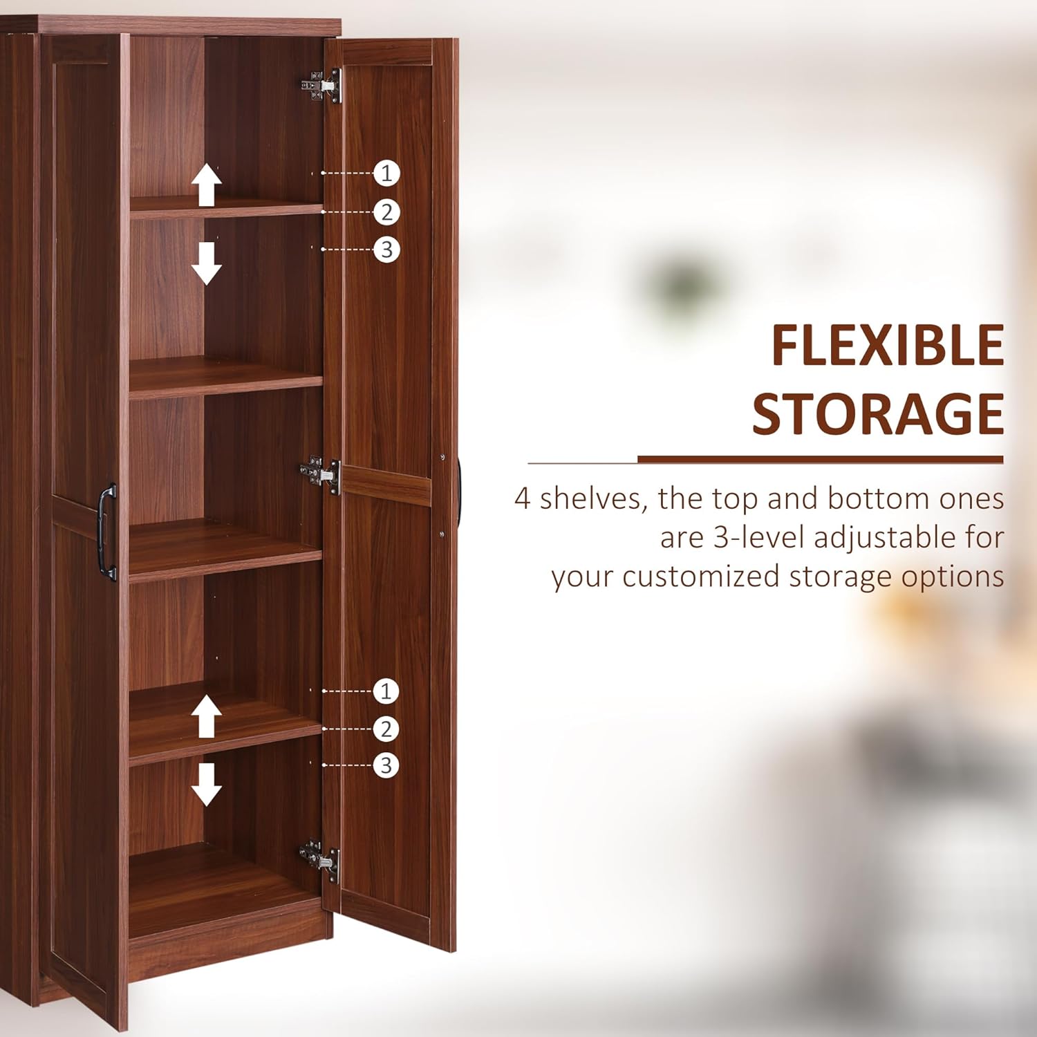23.5" D*15.8" W*63" H Freestanding Kitchen Pantry with 4 Shelves, Double Door, Traditional, Rectangular Storage Cabinet, Easy Assembly, for Living Room, Dining Room, Brown