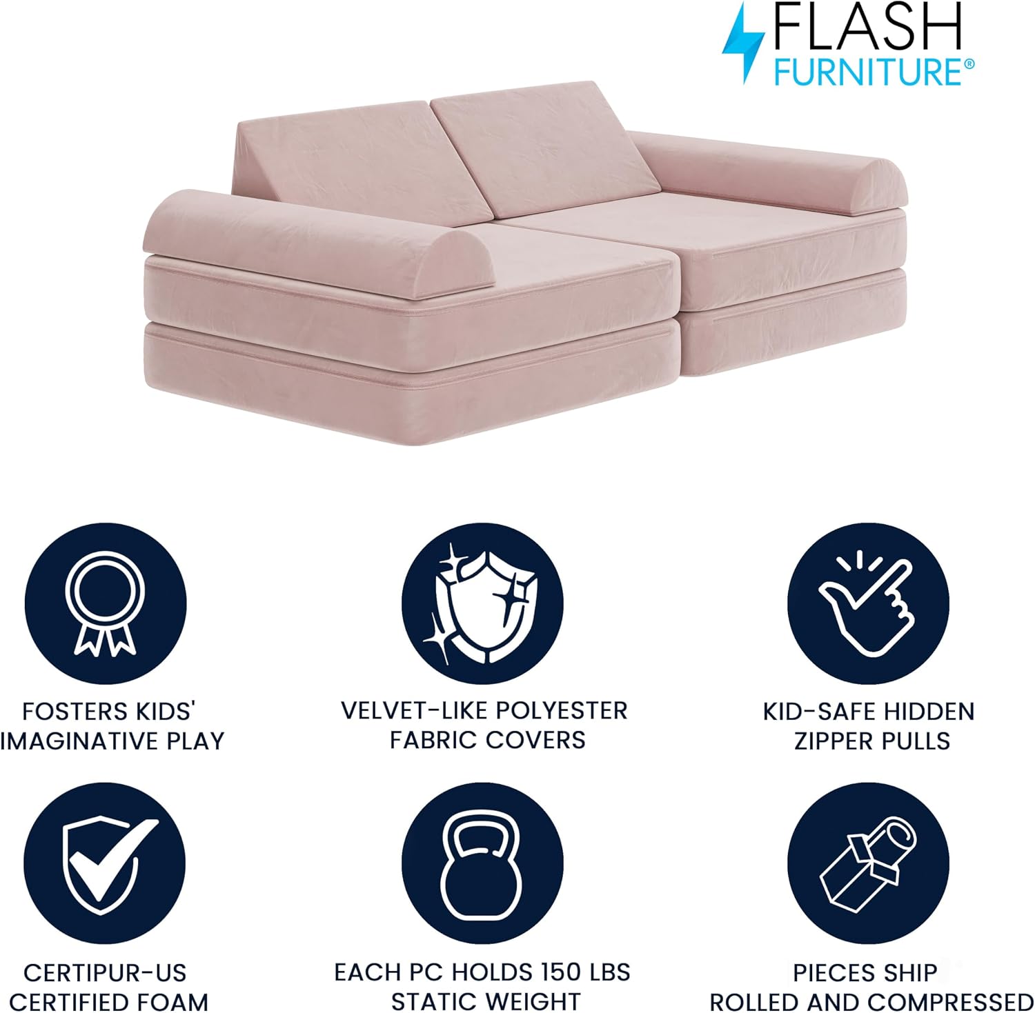 Flash Furniture Marlowe Modular Foam Kids Play Couch, 6 Soft Sectional Sofa Pieces, Convertible Kids Couch, Removable Covers, 56", Blush