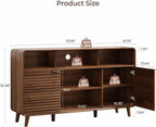 58 Inch Buffet Cabinet with Storage, Curved Buffet Sideboard w/2 Wave Doors, Open Storage Shelf, Adjustable Shelves, Wooden Coffee Bar Cabinet for Kitchen, Living Room, Walnut
