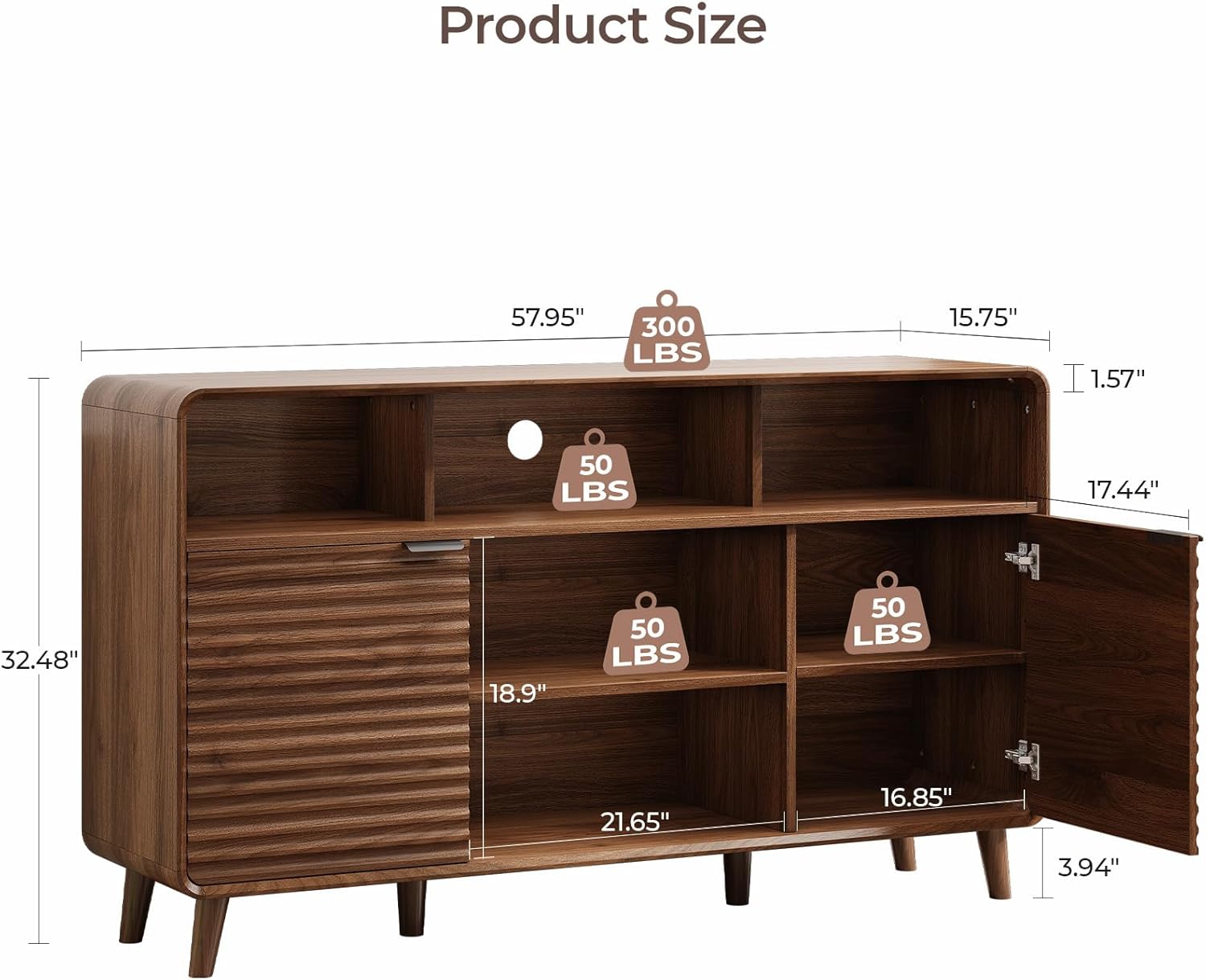 58 Inch Buffet Cabinet with Storage, Curved Buffet Sideboard w/2 Wave Doors, Open Storage Shelf, Adjustable Shelves, Wooden Coffee Bar Cabinet for Kitchen, Living Room, Walnut