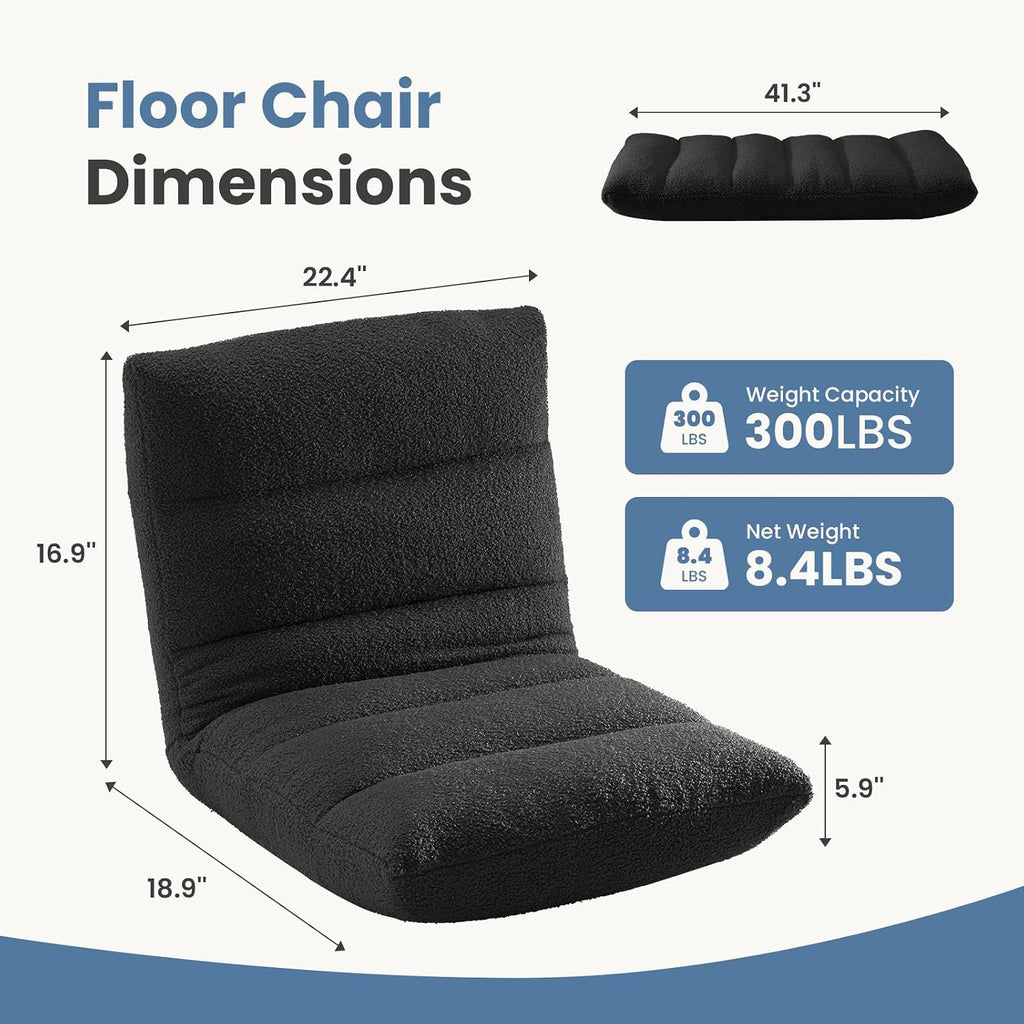 DUMOS Folding Floor Chair with Back Support, Adjustable 14-Position Floor Seating with Comfy Teddy Velvet for Adults & Kids, Reading, Gaming, Meditation, Watching, Black