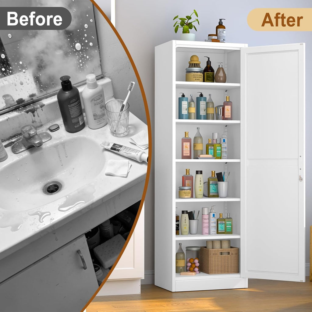Tall Metal Narrow Bathroom Storage Locker Cabinet 67" H, Tall White Pantry Cabinets with 5 Adjustable Shelves and Lockable Doors for Kitchen, Home Office, Living Room, Dining Room