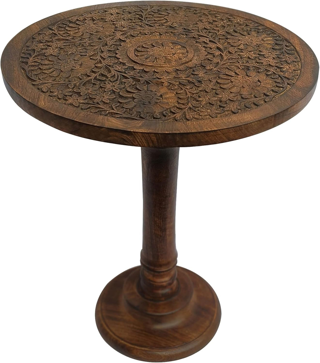 TUP THE URBAN PORT Ari 22 Inch Side End Table, Round Top, Hand Carved Indian Mandala Boho Accent, Brown Mango Wood