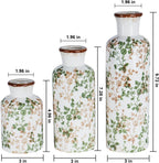 Ceramic Vase Set of 3, Vintage Ceramic Flower Vases, Crackle-Glaze & Distressed Rim, Brown & Green Botanical Pattern, for Home Decor, Living Room Mantel & Dining Table Centerpiece