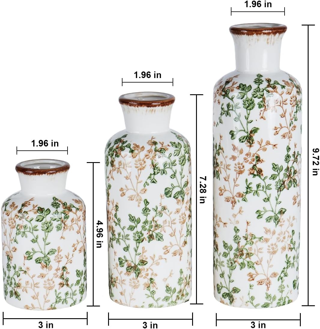 Ceramic Vase Set of 3, Vintage Ceramic Flower Vases, Crackle-Glaze & Distressed Rim, Brown & Green Botanical Pattern, for Home Decor, Living Room Mantel & Dining Table Centerpiece
