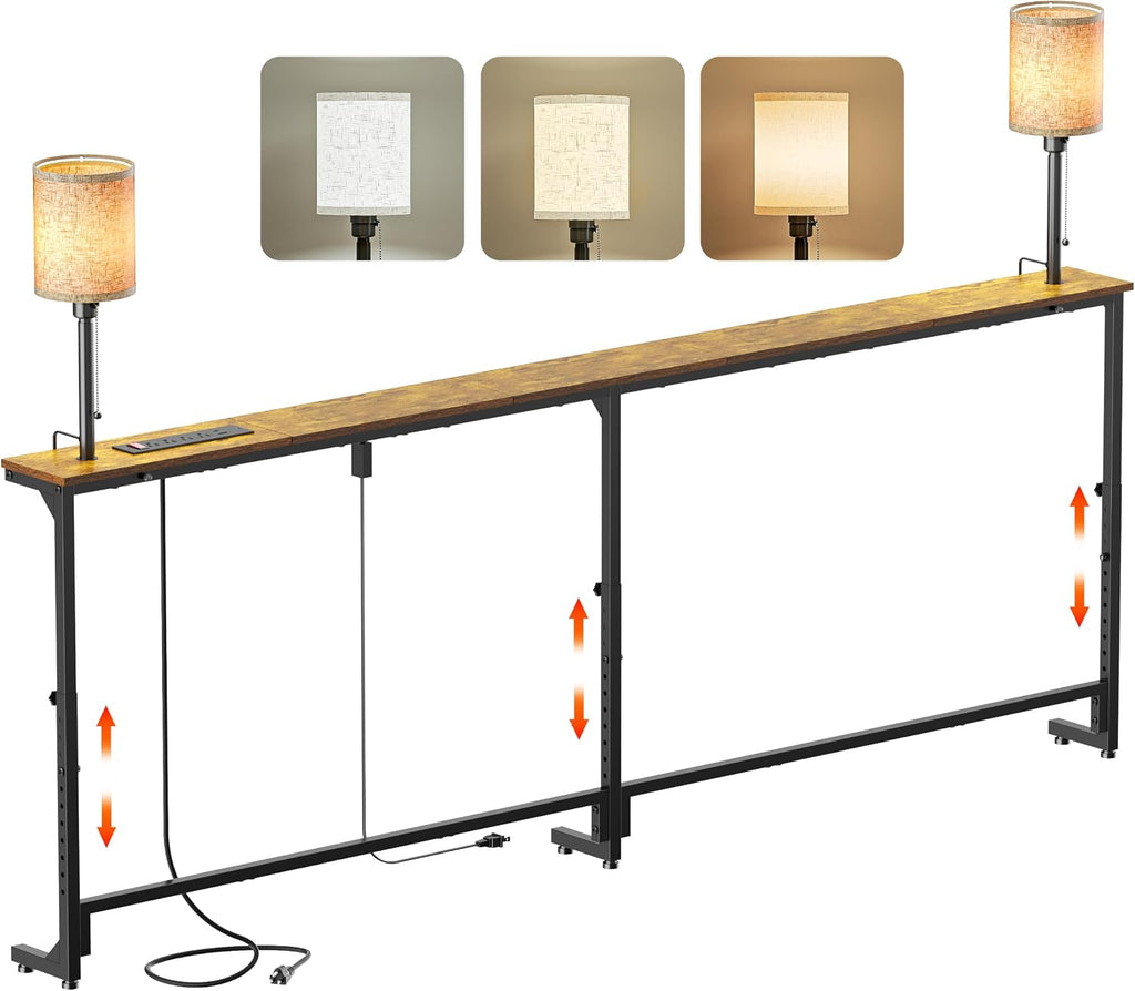 keomaisyto 78.8" Long Sofa Table with Lights & Charging Station - 4 AC outlets, 22"-32" Height Adjustable Behind Couch Console Table, Narrow Console Table, Slim Design for Living Room, Rustic Brown