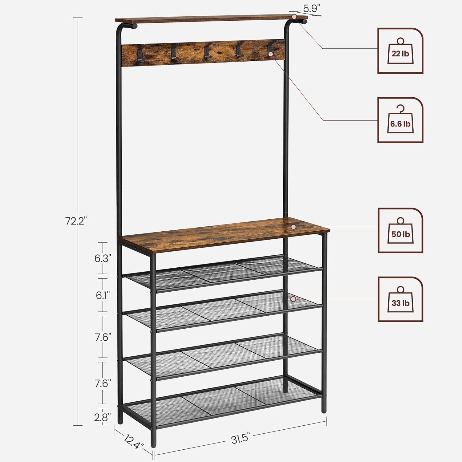 VASAGLE Hall Tree with Shoe Bench, Coat Rack Shoe Bench, 5-Tier Shoe Rack Different Heights, 5 Dual Hooks, Top Shelf, Entryway Organizer, Hallway Bedroom Dorm, Rustic Brown and Black UHSR408B01