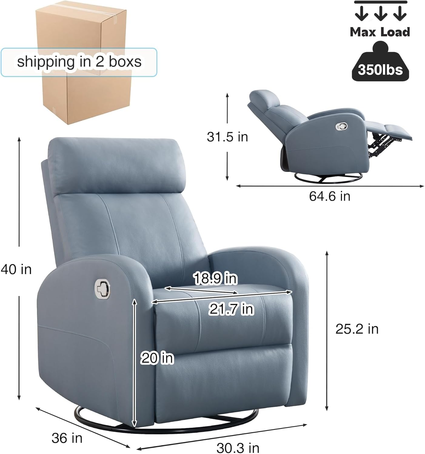 Swivel Rocker Recliner Chair, Manual Faux Leather Recliner, Glider Rocking Recliners 360°Swivel Nursery Reclining Chairs with Adjustable Headrest Highback for Living Room, Blue