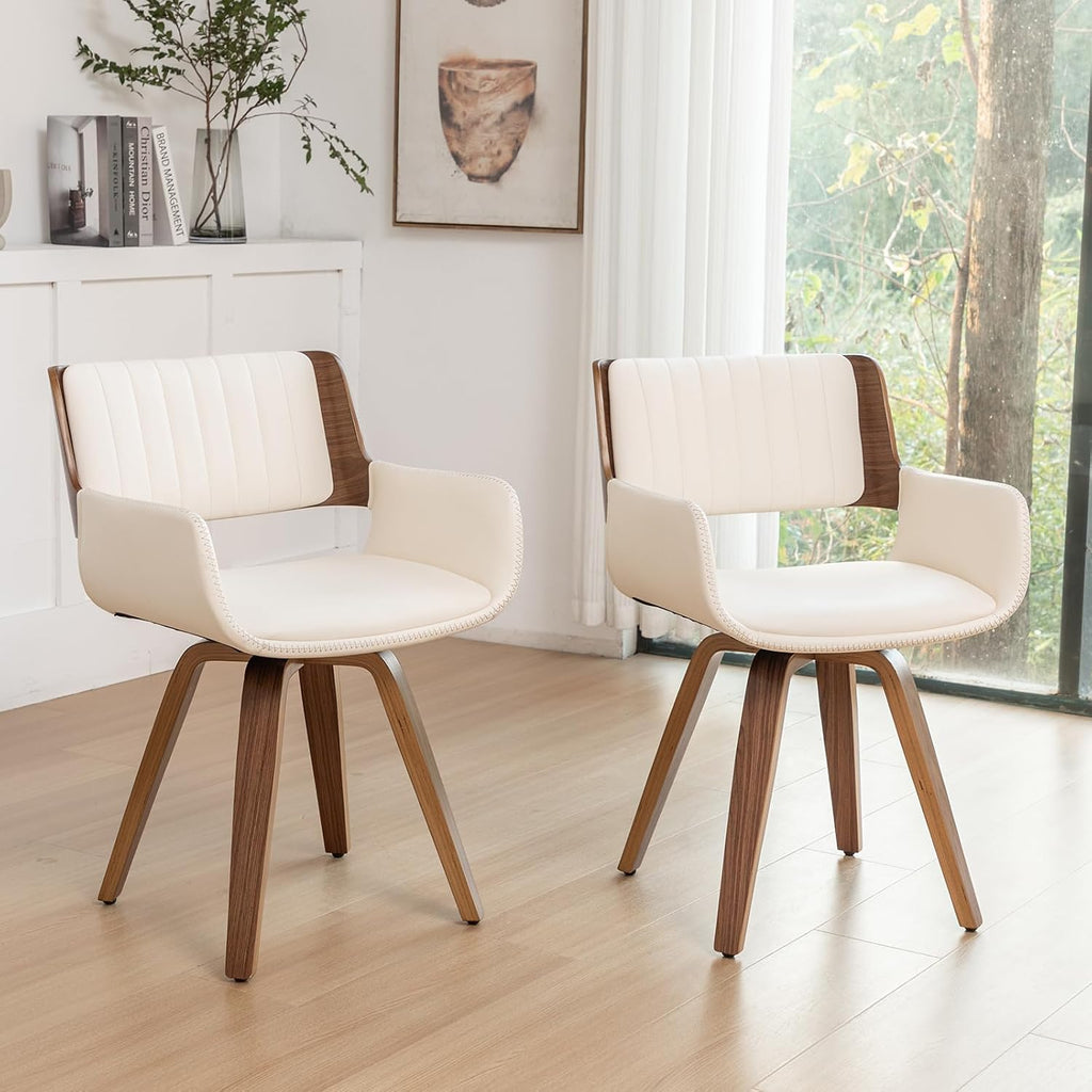 LUNLING Swivel Accent Faux Leather Dining Chairs Set of 2 Mid Century Modern Chairs with Wooden Legs/Armrest/Upholstered Seat/Adjustable Foots for Kitchen Dining Room Desk Chairs Beige PU