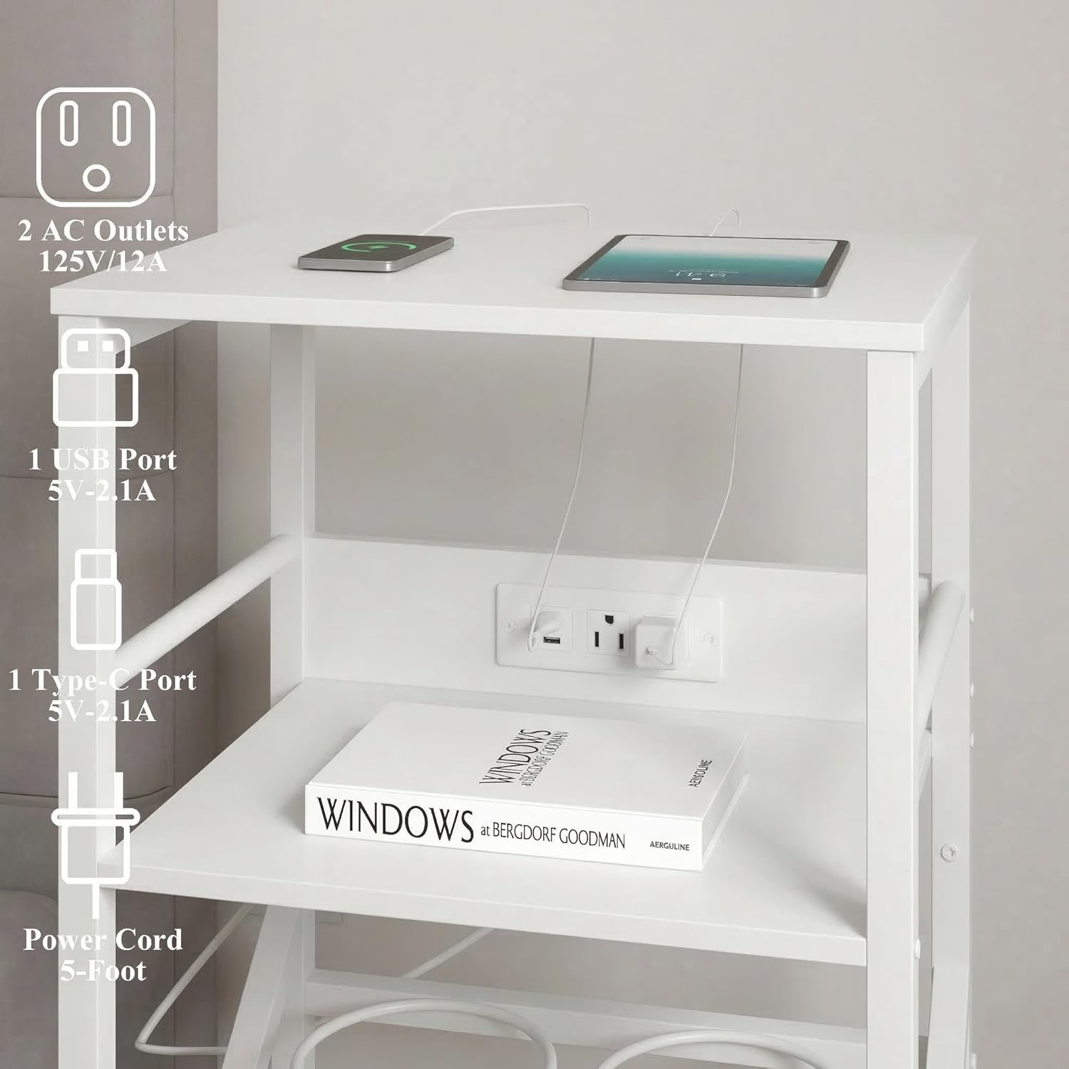 DALEMHOME Record Player Stand with Charging Station, 3-Tier Side Table for 100 Vinyl Storage, End Table for Living Room, Bedroom, White HKET1001WT