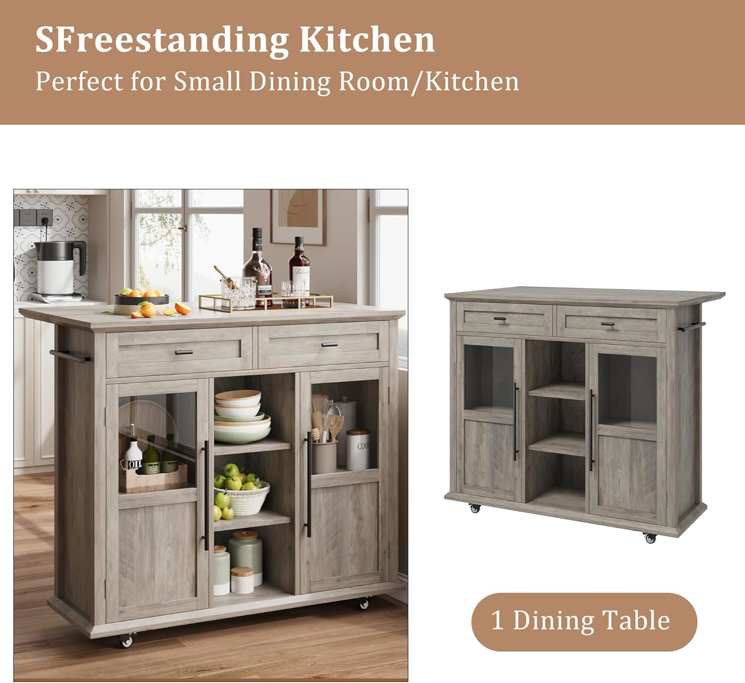 GarveeHome 41 in Rustic Kitchen Island on Wheels - Wood Drop-Leaf Table with 3-Tier Storage, Mobile Coffee Bar Cart (Light Gray)