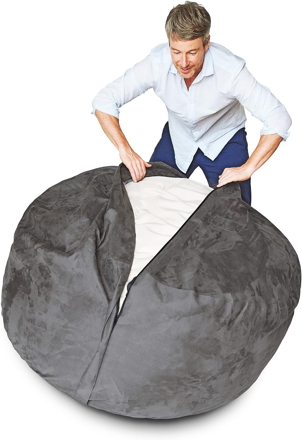 Lumaland Luxury Microsuede Outer Cover for Bean Bags Machine Washable 5-Foot Bean Bag Cover with Inlay in Dark Grey Cover and Inlay ONLY