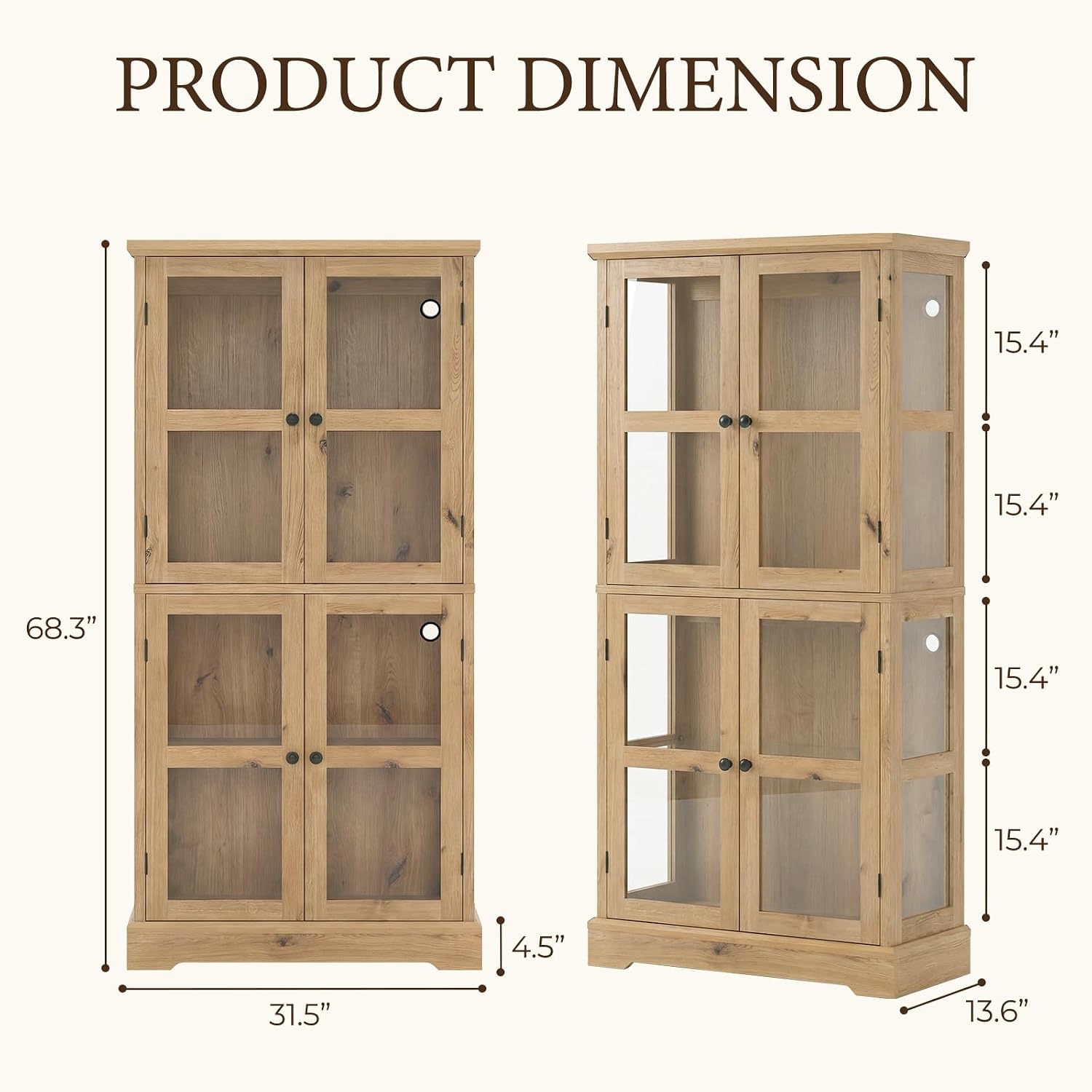 68" Tall Glass Display Cabinet with RGB LED Lights, Yellow Oak | 4-Tier Curio Cabinet with Glass Doors, Adjustable Glass Shelves, Display Case Bookcase for Collectibles and Figures