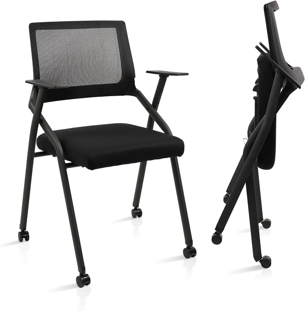CLATINA Ergonomic Stackable & Foldable Conference Room Chairs, Mesh Office Chair with Arms and Wheels for Office Waiting Room Meeting Lobby Church School Receptions and Training Black (2 pk)
