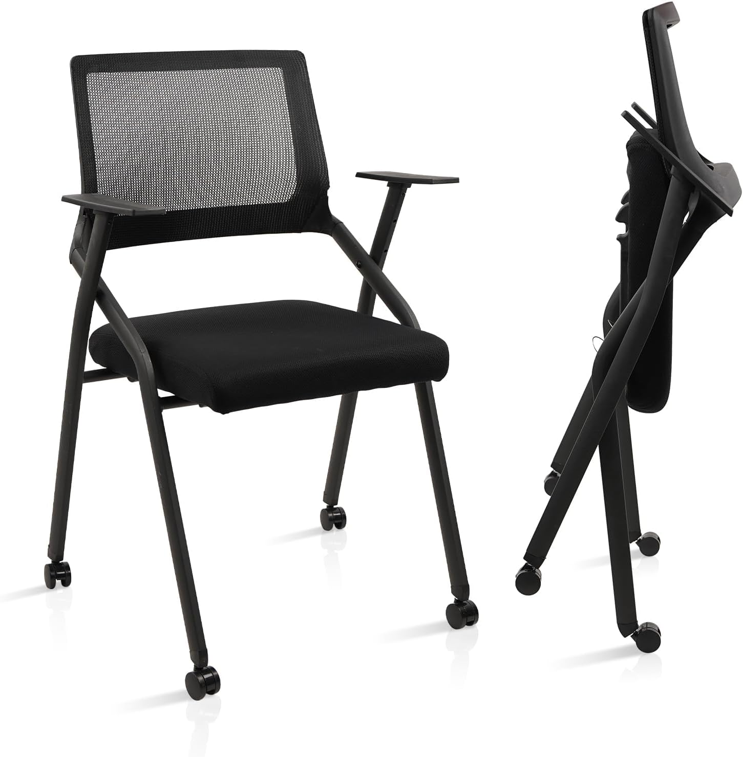 CLATINA Ergonomic Stackable & Foldable Conference Room Chairs, Mesh Office Chair with Arms and Wheels for Office Waiting Room Meeting Lobby Church School Receptions and Training Black (2 pk)