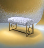 White Faux Fur Gold Bench: Modern Armless Lounge Seat - 21" Height 300lb Capacity - Entryway Bedroom Living Room Accent Furniture