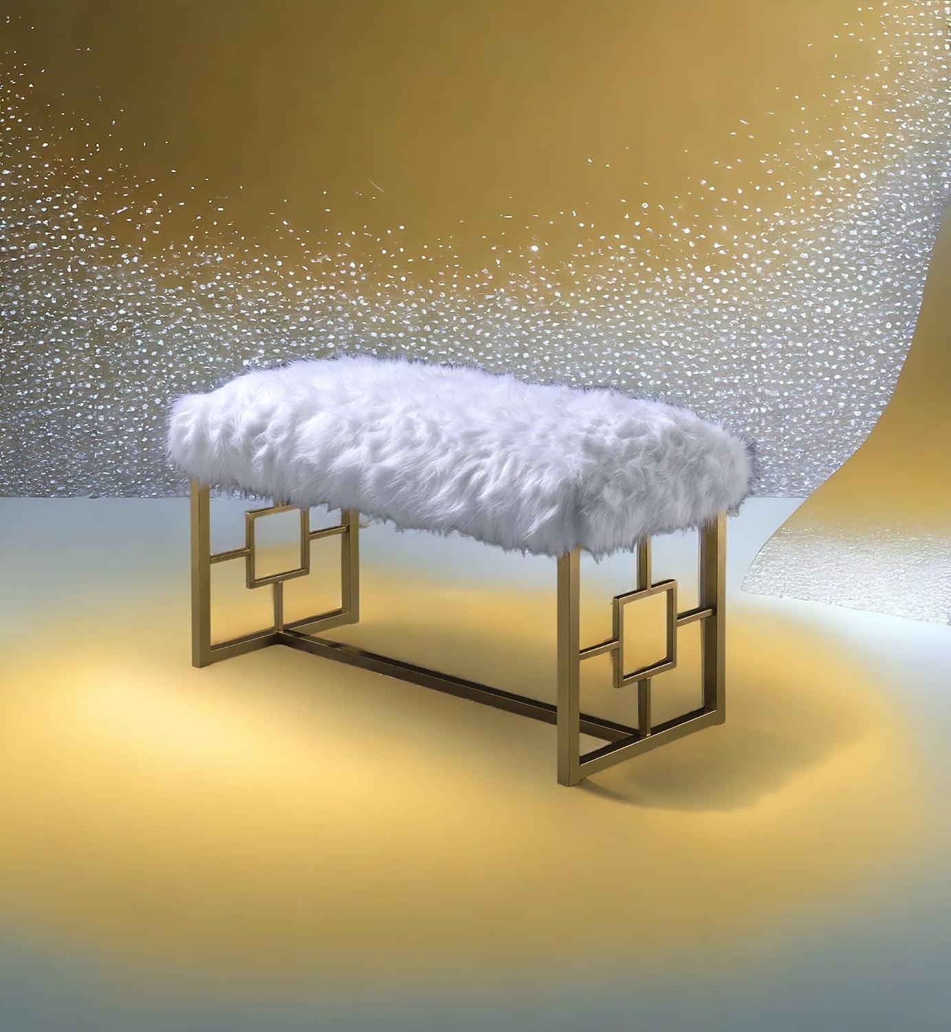 White Faux Fur Gold Bench: Modern Armless Lounge Seat - 21" Height 300lb Capacity - Entryway Bedroom Living Room Accent Furniture