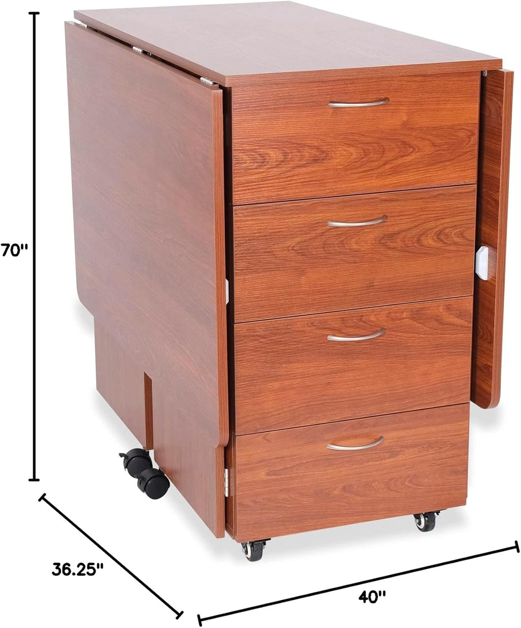 Kangaroo Kookaburra Cutting Table – Large Sewing, Quilting & Craft Workstation with Expandable 70” x 40” Surface, Storage Drawers, Shelves & Rolling Locking Casters, Teak Finish