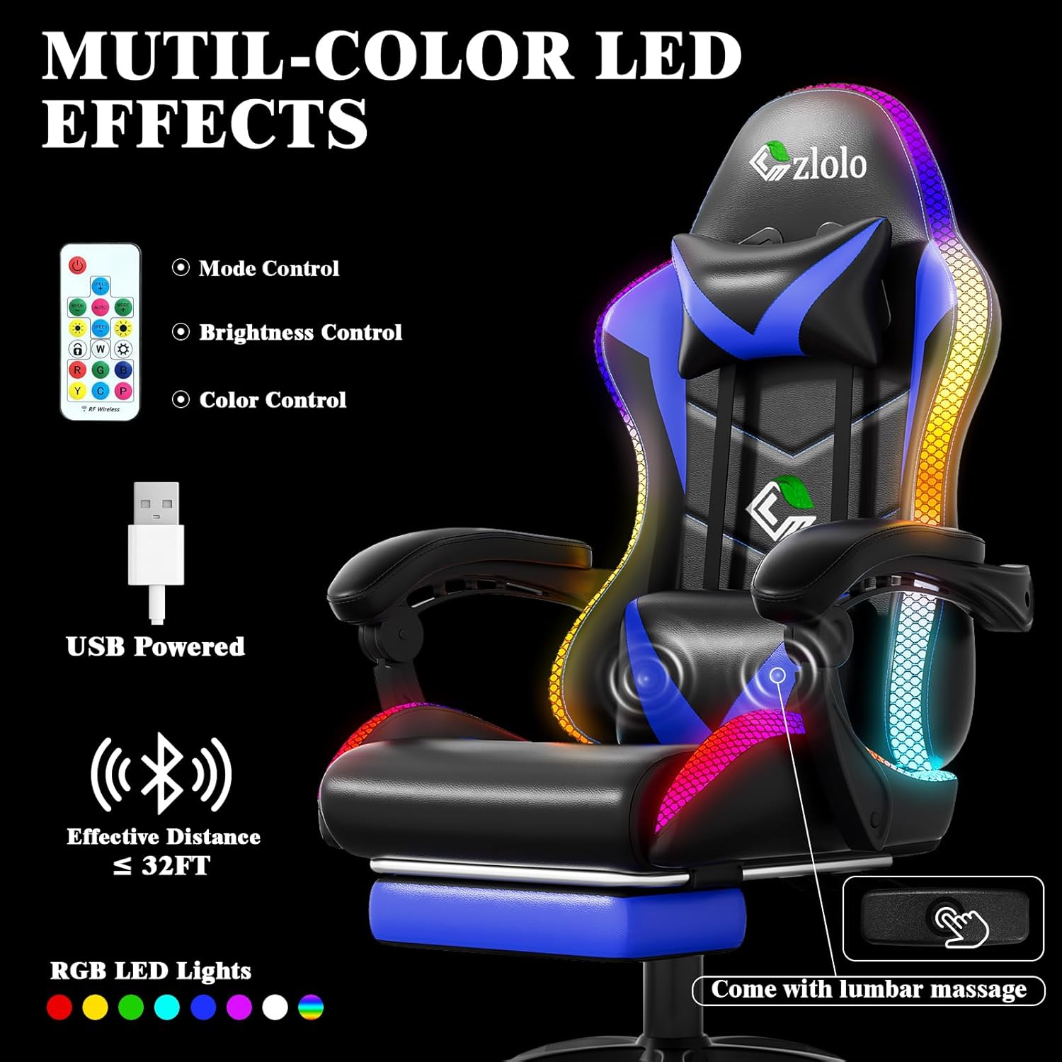 Czlolo Gaming Chair, Racing Style RGB LED Lights Gaming Chairs for Adults and Kids, Lumbar Massager Gamer Chair, High Back Reclining Computer Chair with Footrest and Headrest (Black/Blue)