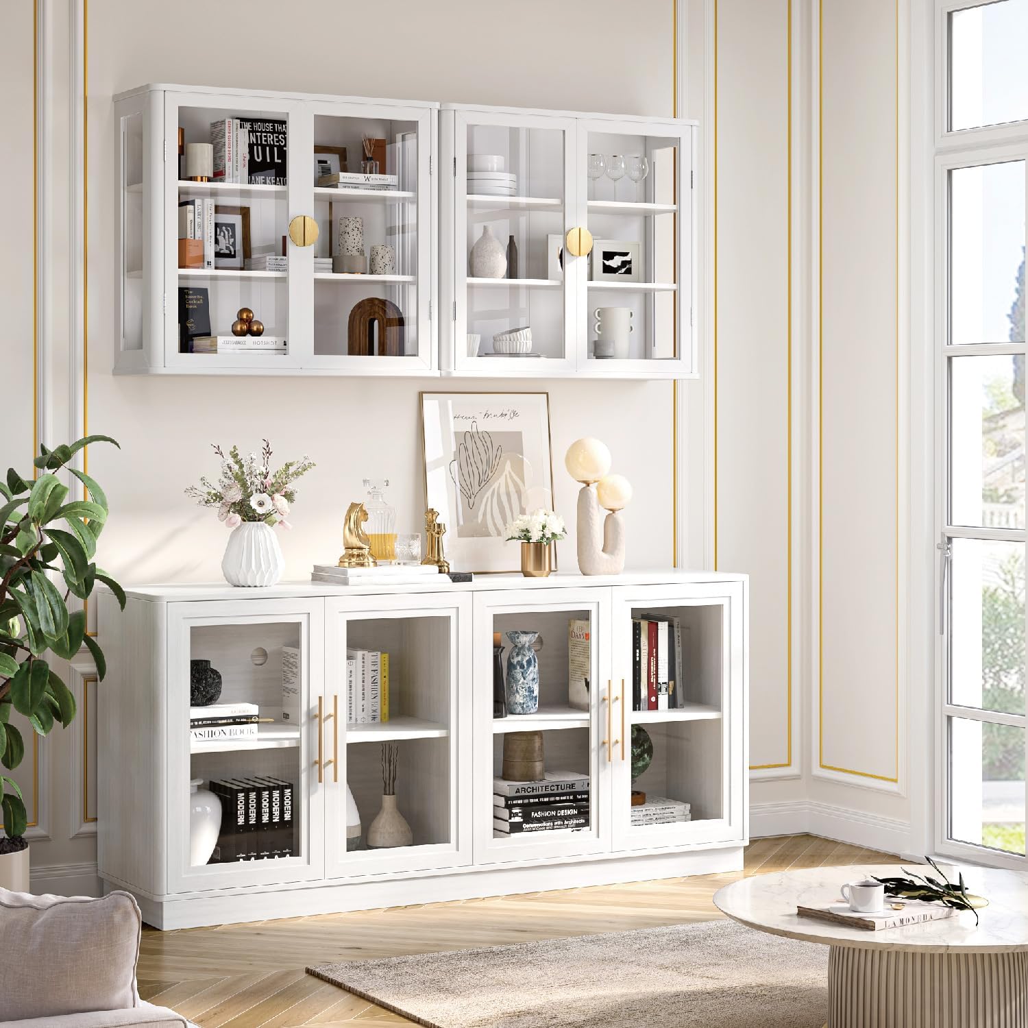 NEWOWNDS 56" Kitchen Wall Cabinets,Display Wall Mounted Cabinet,Floating Cabinet with Glass Doors,Over The Toilet Storage Cabinets, Upper cabinets for Launtry, Kitchen,Bathroom, Gold Handle