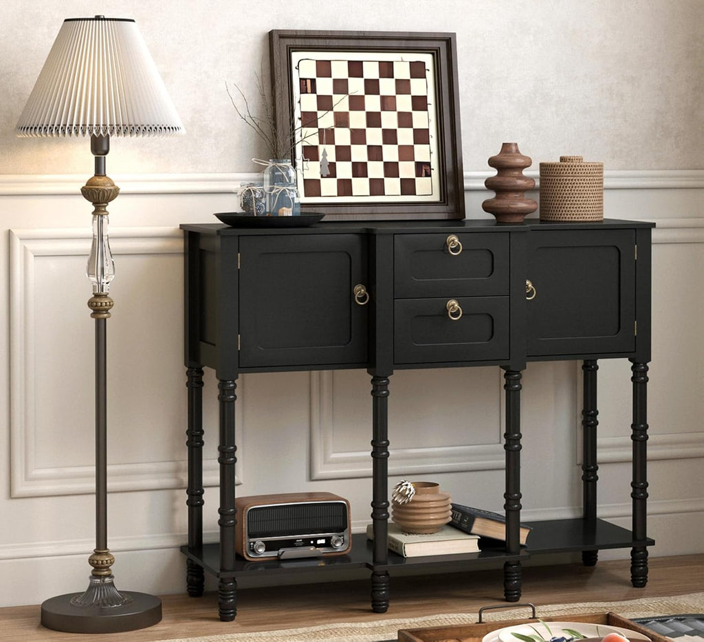 Black Entryway Table with Storge, Mid-Century Modern Console Table with 2 Drawers, Retro Narrow Long Behind Couch Sofa Table for Living Room, Foyer, Hallway