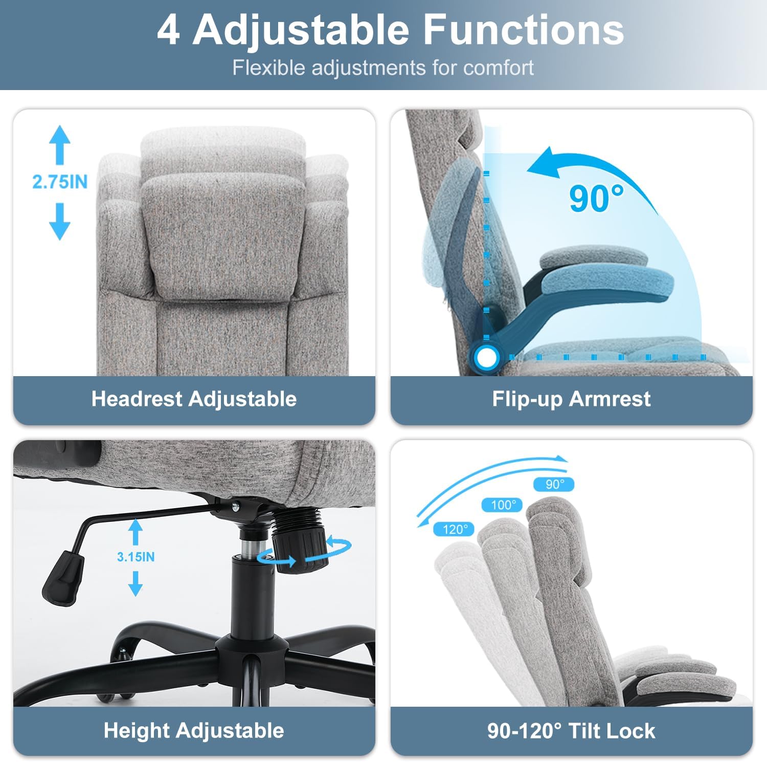 High Back Fabric Office Chair, Ergonomic Computer Desk Chair with Adjustable Headrest & Flip-up Armrests, 120° Tilt Rock Function, 400 lbs Weight Capacity for Home Office & Lumbar Support