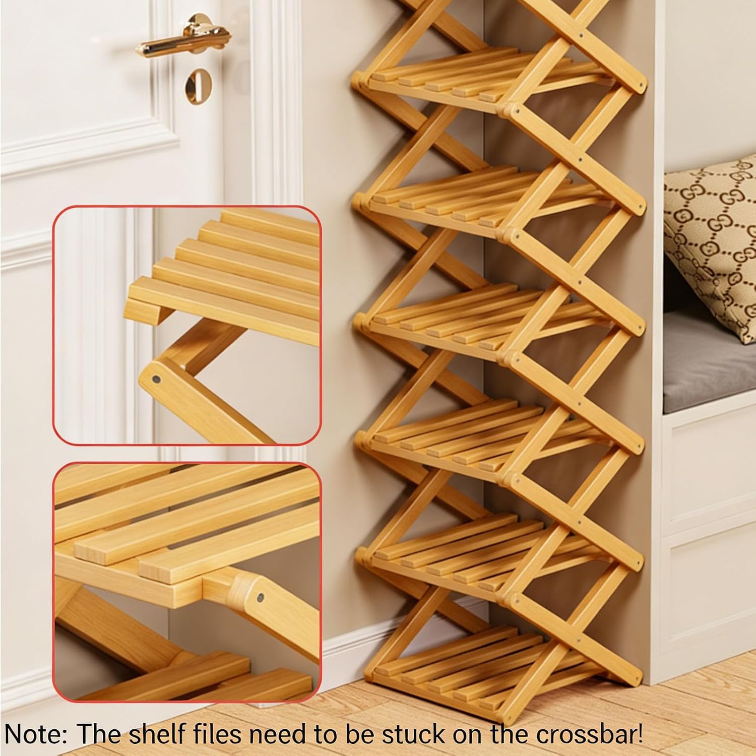 2-10 Tiers No-Assembly Bamboo Rack, No-Tool Assembly, Foldable Storage Shelf, Vertical Shoe Organizer for Small Spaces, The 9-Tier No-Assembly Bamboo Rack (Natural,10 Tier)