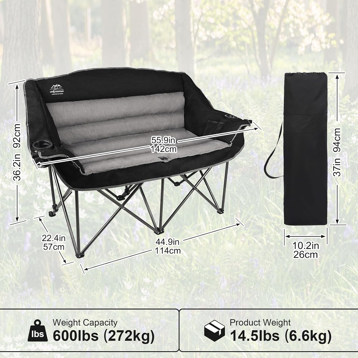 Fully Padded Folding Double Camping Chairs,Comfy Oversized Loveseat Lawn Chair w/Wine Glass Holder,Cup Holder,Heavy Duty Outdoor Portable Camp Couch Support 600 Lbs,Black