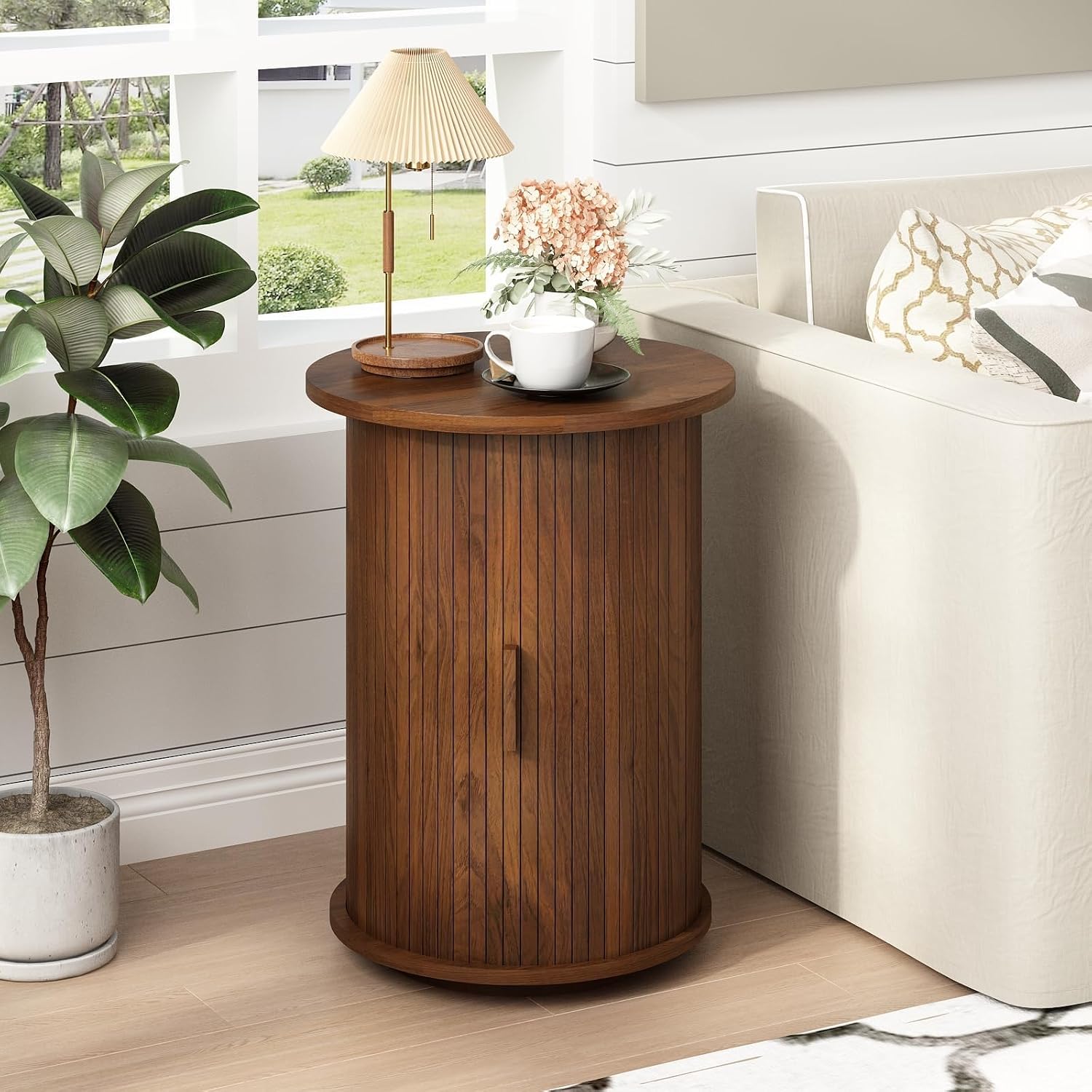 Wnutrees Round Fluted End Table, Small Accent Pedestal Side Table with Sliding Door & 2 Tier Storage Shelf, Wood Fluted Nightstand Bedside Table for Living Room, Bedroom, Brown
