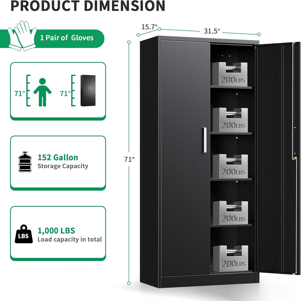Metal Storage Cabinet with Locking Doors, 71" Tall Steel Locker Organizer with Adjustable Shelves, Garage Utility Cabinet for Home, Office, Shop, and School