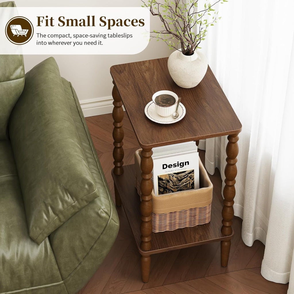 Small Side Table - 2-Tier Wood End Table with Storage Shelf for Living Room, Vintage Night Stand for Bedroom Small Spaces, Rectangle Accent Table with Spindle Legs, Walnut