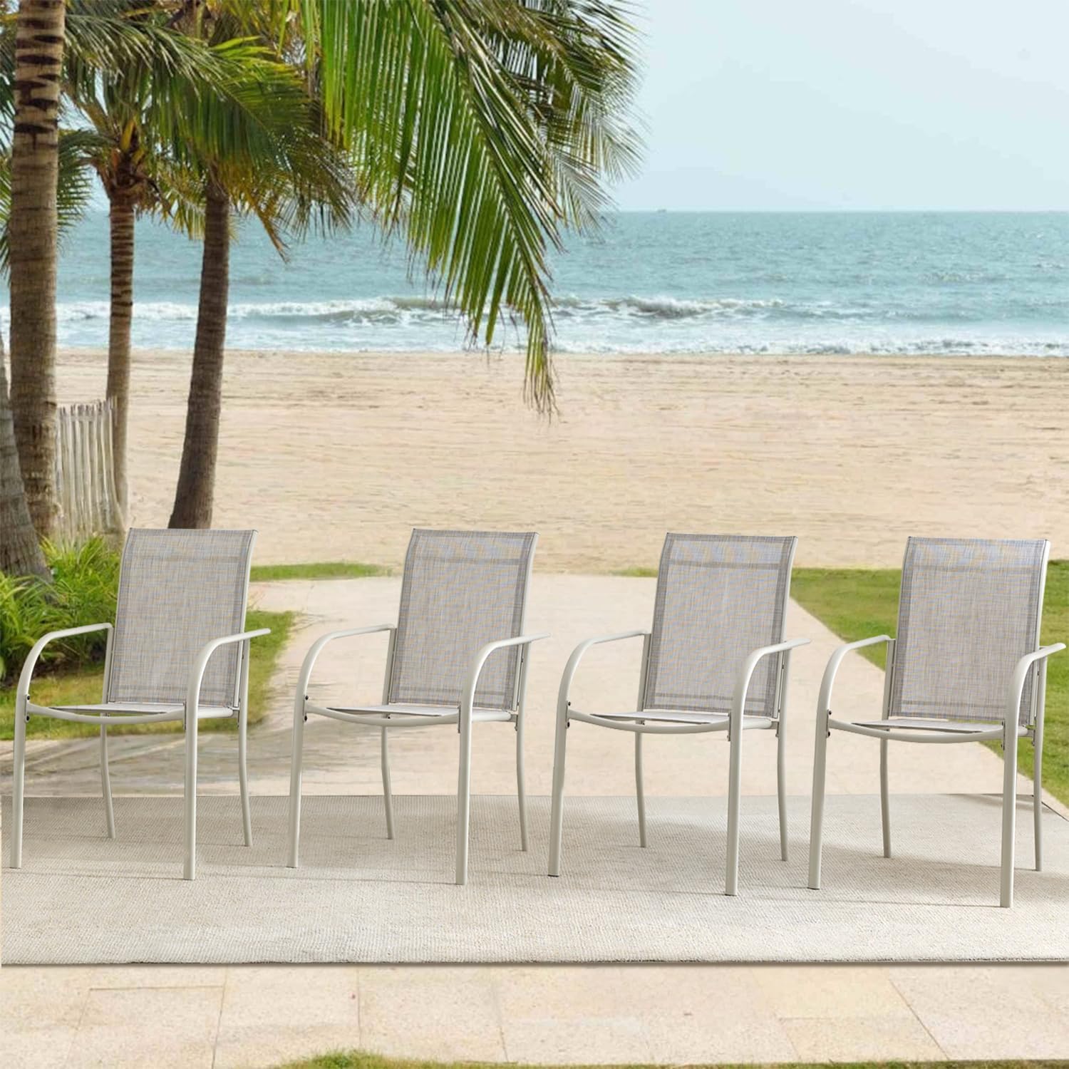 Outdoor Dining Chairs Set of 4, Stackable Patio Chairs with Textilene Fabric, Lightweight Garden Chairs for Poolside, Backyard, Camping, Grey