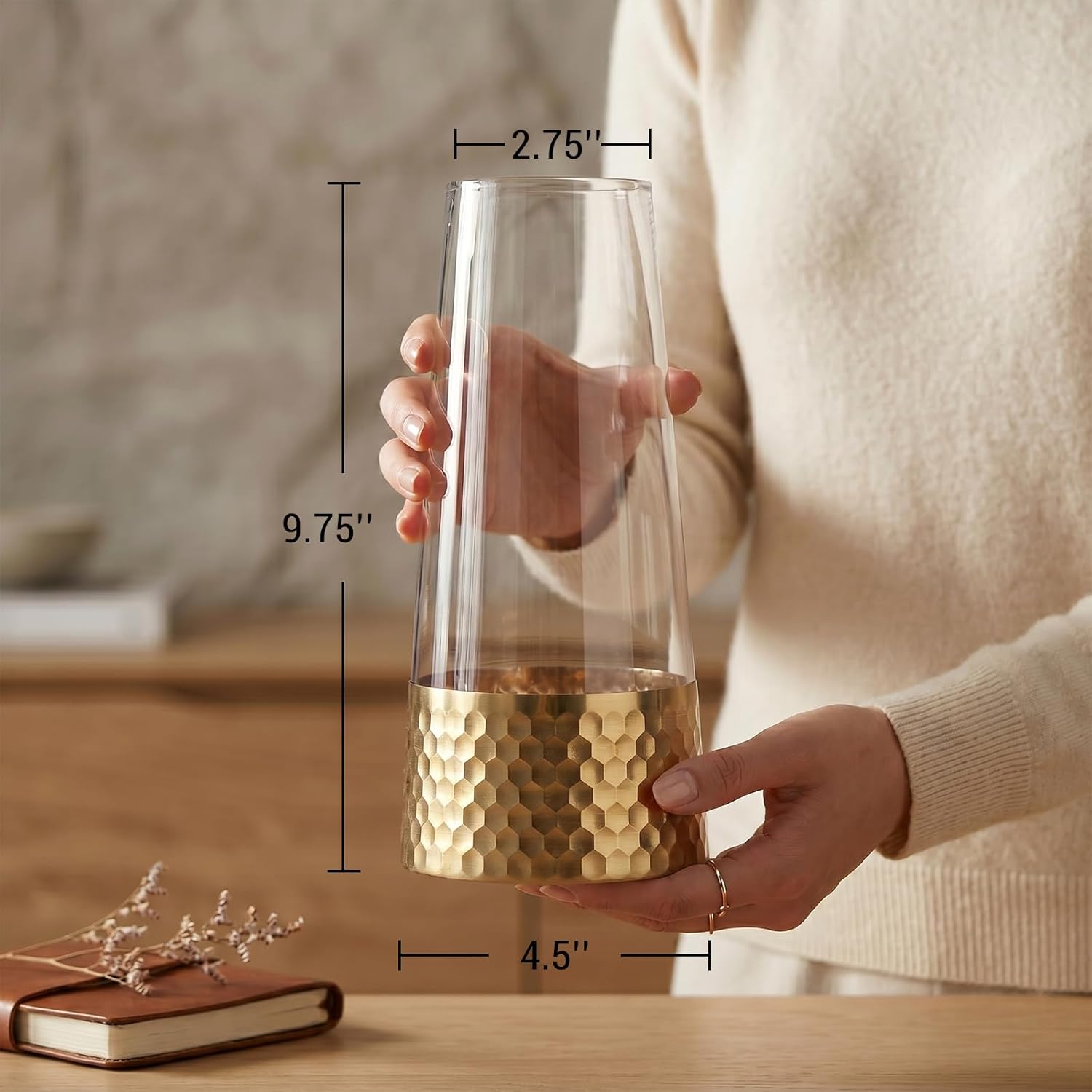 MyGift Glass and Gold Bottom Flower Vases, 10 inch Clear Glass Vases for Table Centerpieces Home Decor