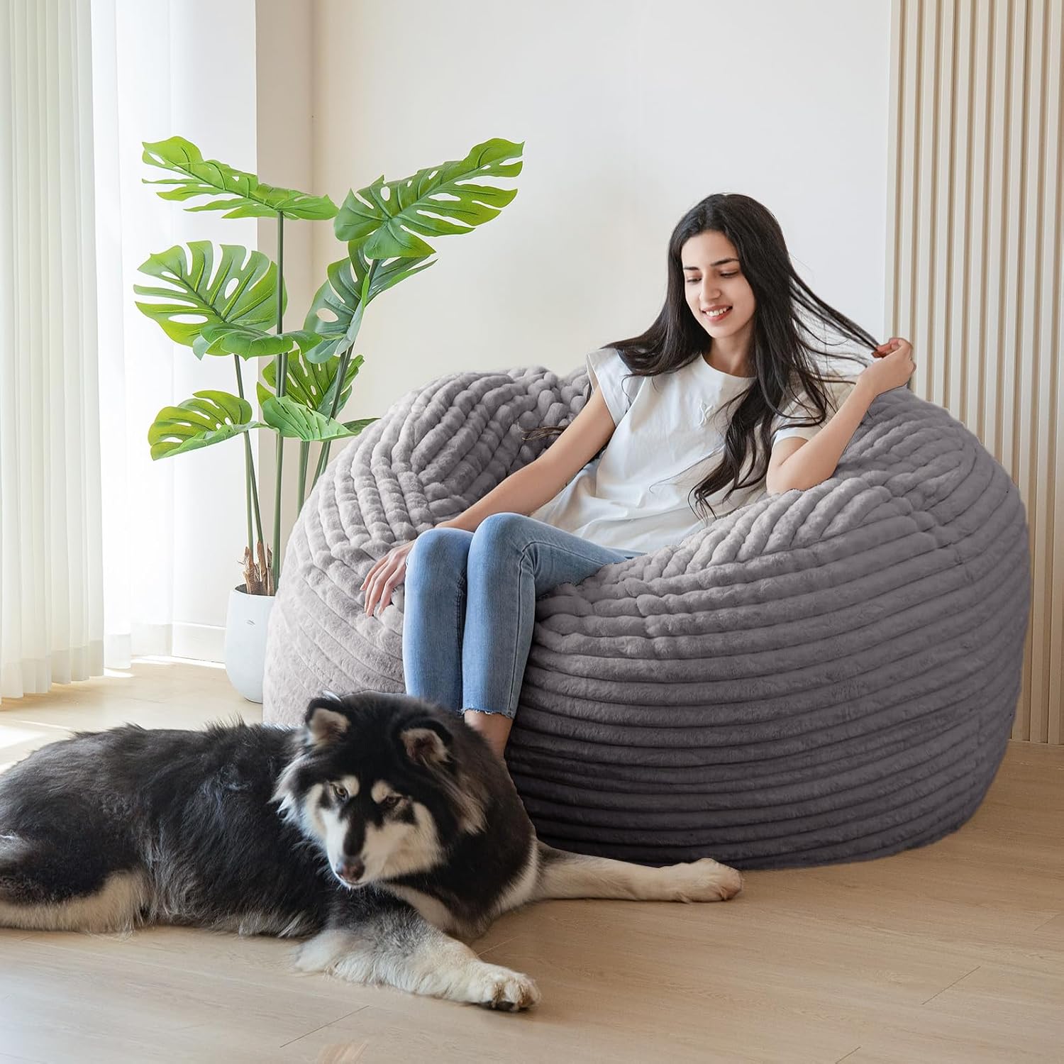 MAXYOYO Giant Bean Bag Chair Bed for Adults, Convertible Beanbag Folds from Lazy Chair to Floor Couch Bed, Large Floor Sofa Couch, Big Sofa Bed, High-Density Foam Filling, Machine Washable Cover