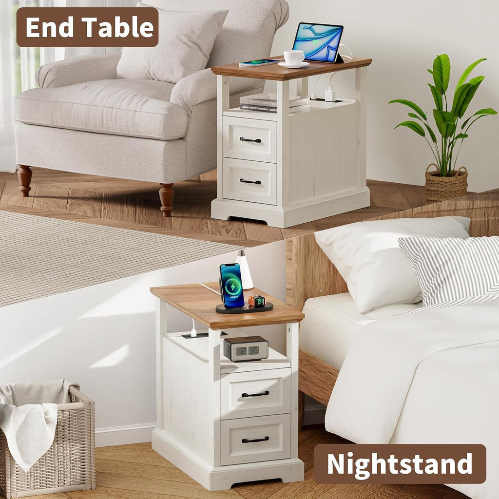 HOMMPA Narrow Side Table with Charging Station, 23.6'' W Farmhouse End Table with Open Shelf & Storage Drawers for Sofa Couch, Slim Rustic Sofa Side Table for Small Space, Living Room, Rustic White