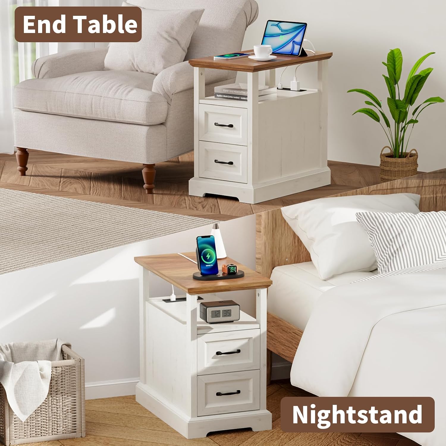 HOMMPA Narrow Side Table with Charging Station, 23.6'' W Farmhouse End Table with Open Shelf & Storage Drawers for Sofa Couch, Slim Rustic Sofa Side Table for Small Space, Living Room, Rustic White